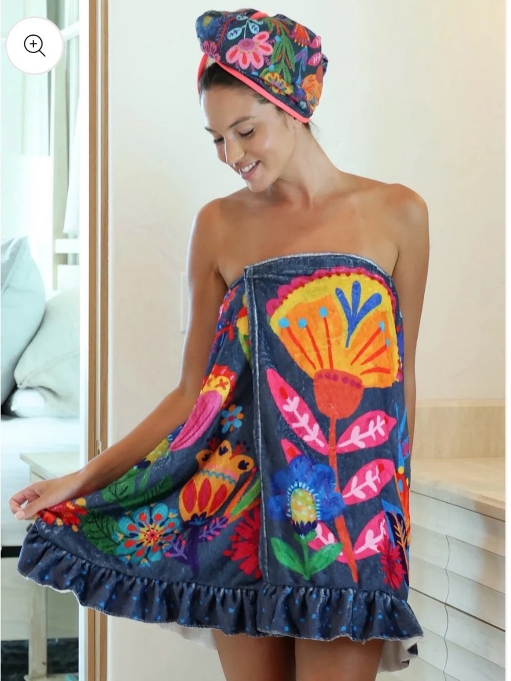 Natural Life Embroidered Floral Dark Blue Towel Wrap with Ruffle - Navy